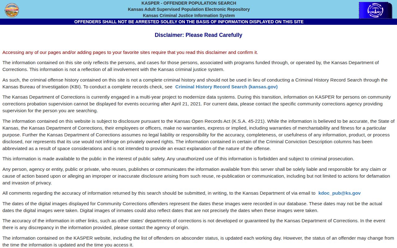 Kansas KASPER offender search disclaimer and entry screen